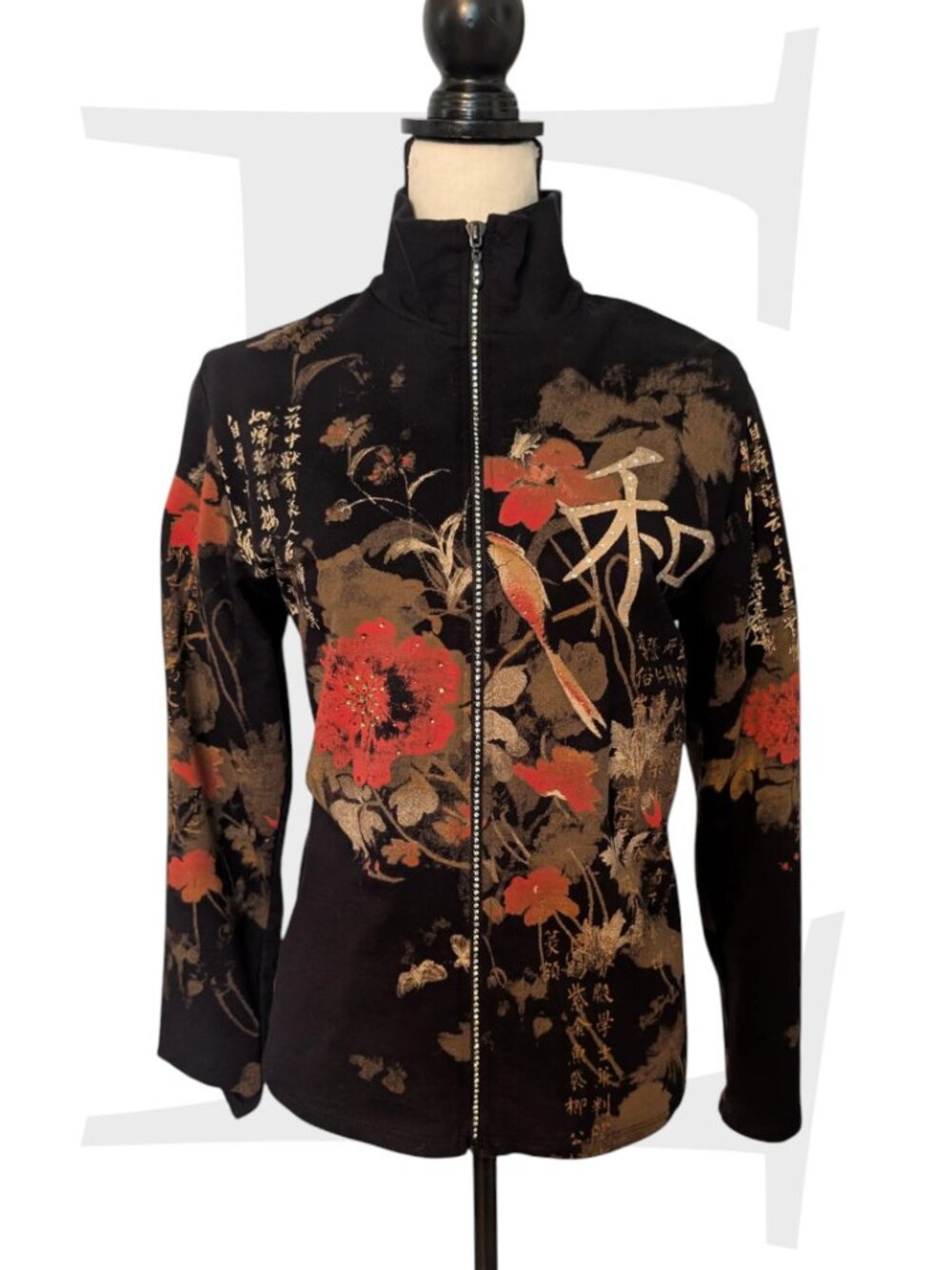 Jess & Jane Asian Print Rhinestone Zip Soft Mock Neck Jacket